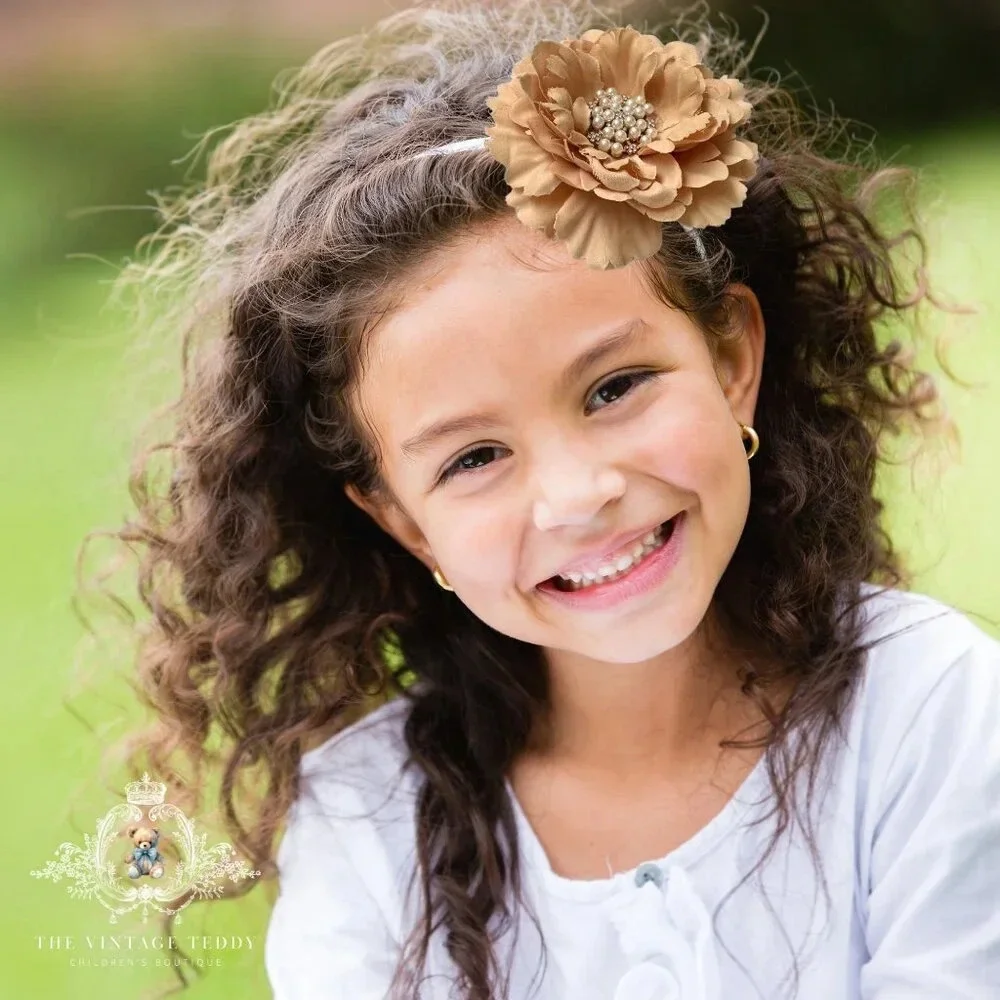 NWT Pretty Vintage Inspired Girls Headband Hair Floral Beaded Caramelo Carmel OS